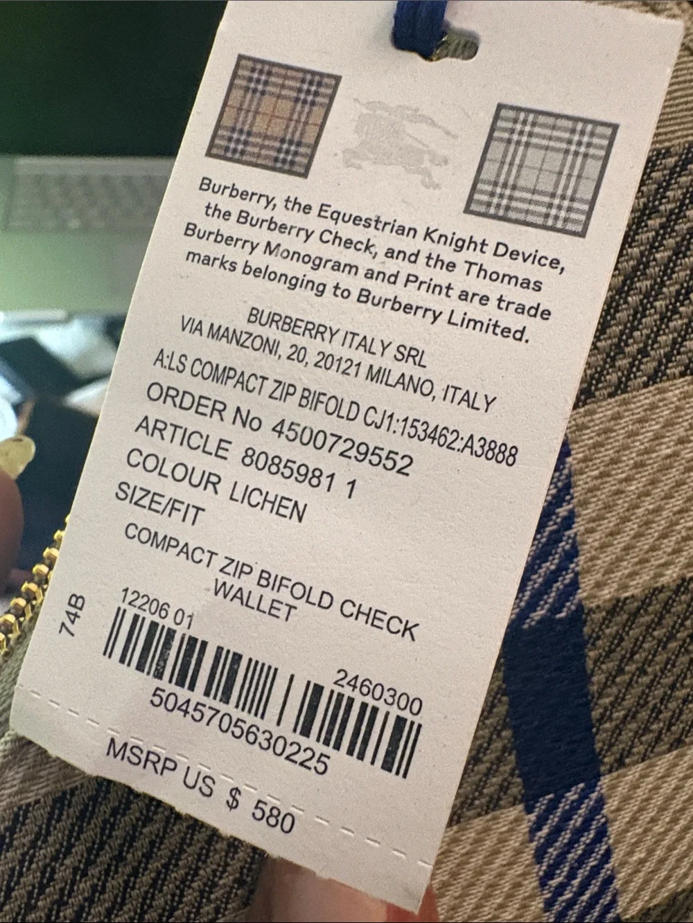 Burberry Canvas Plaid Zip Wallet - Beige and Navy